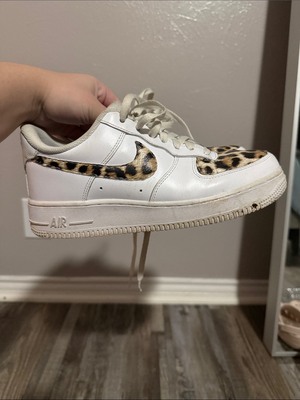 Nike White Sneakers with Leopard Swoosh and Toe